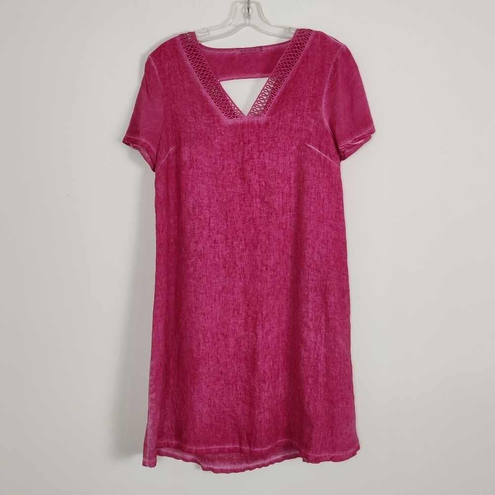 Maloka Women's Pink V-Neck Dress Size Medium French 100% Linen Beach Summer